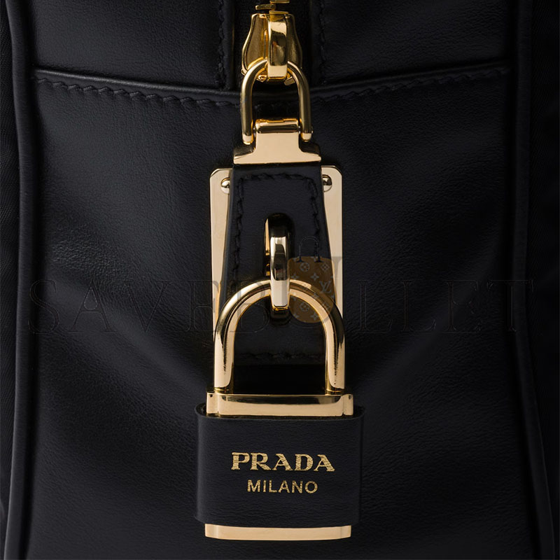 PRADA LARGE RE-NYLON AND LEATHER TOP-HANDLE BAG WITH PADLOCK 1BB131 (34*23*10cm)